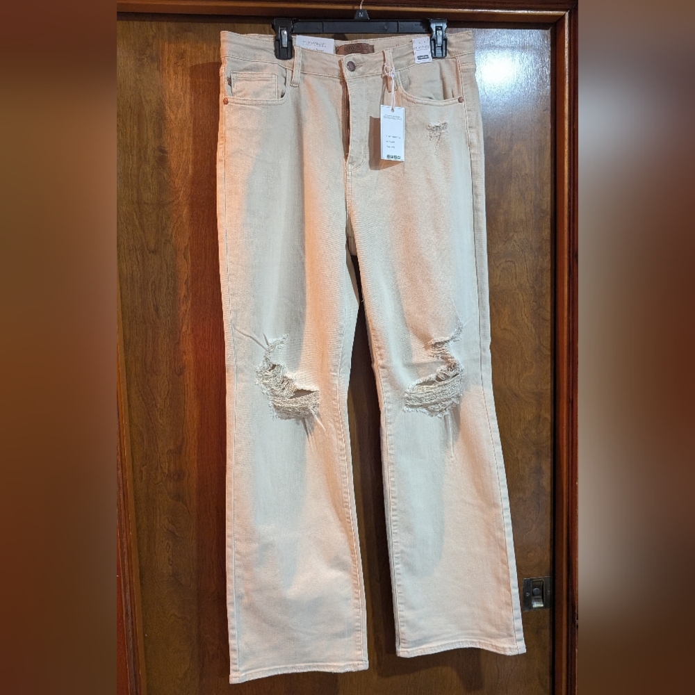 NWT 15 Judy Blue High Rise Distressed 90s Straight Leg Jeans BONE